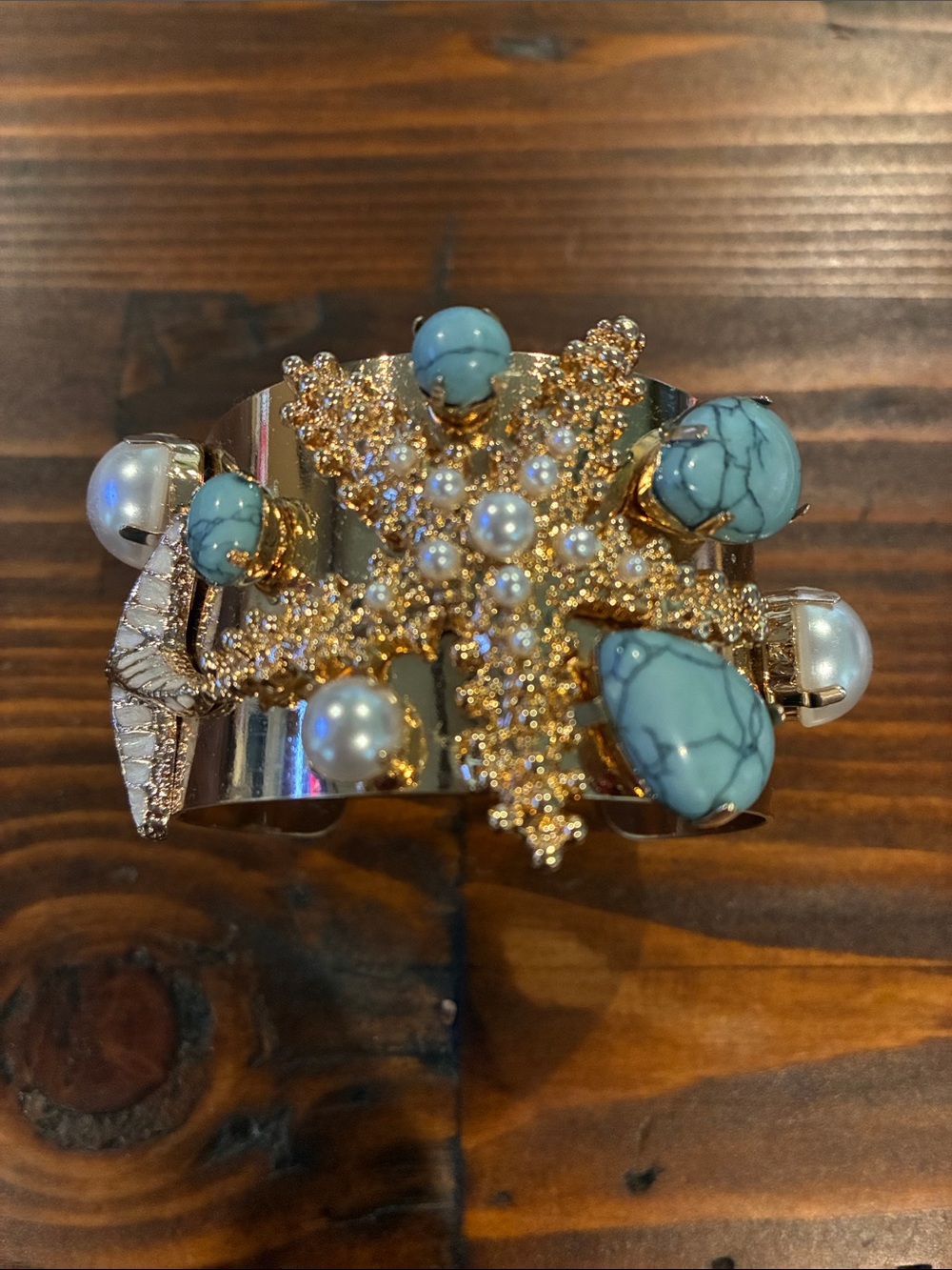 Gold Starfish Bracelet with Turquoise Beads and Pearls